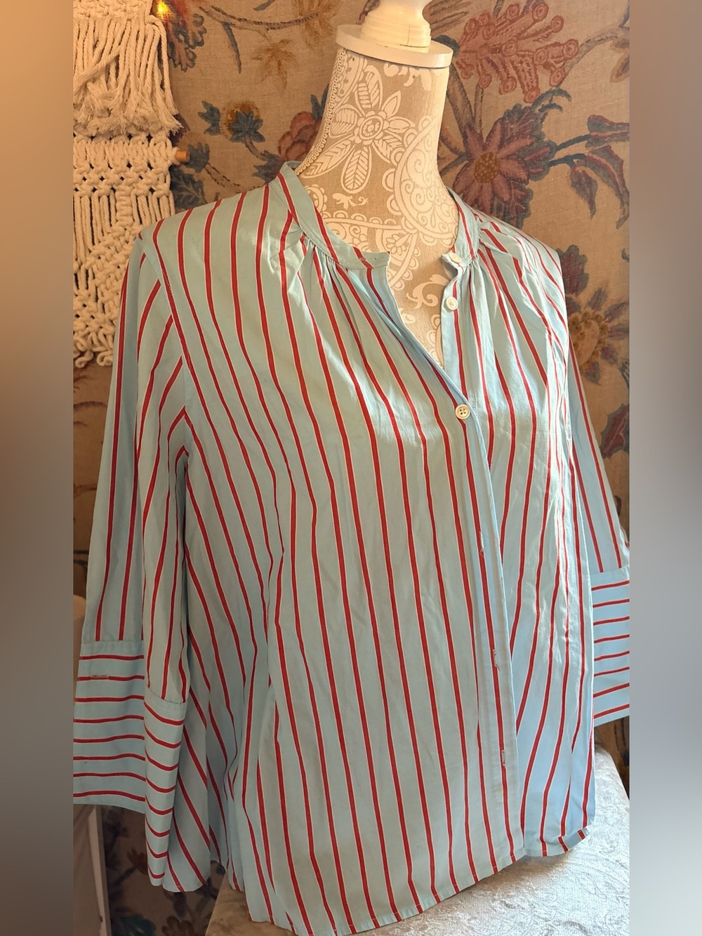 Striped Light Blue and Red Button-Down Blouse